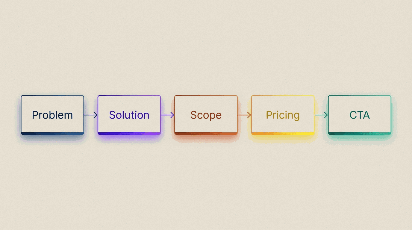 A reusable proposal structure spanning problem, solution, scope, pricing, and CTA