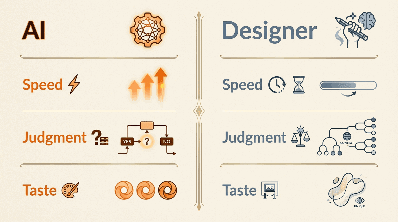 AI versus designer across speed, judgment, and taste