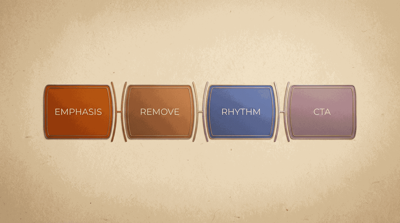 Four hierarchy decisions designers should retain: emphasis, remove, rhythm, and CTA