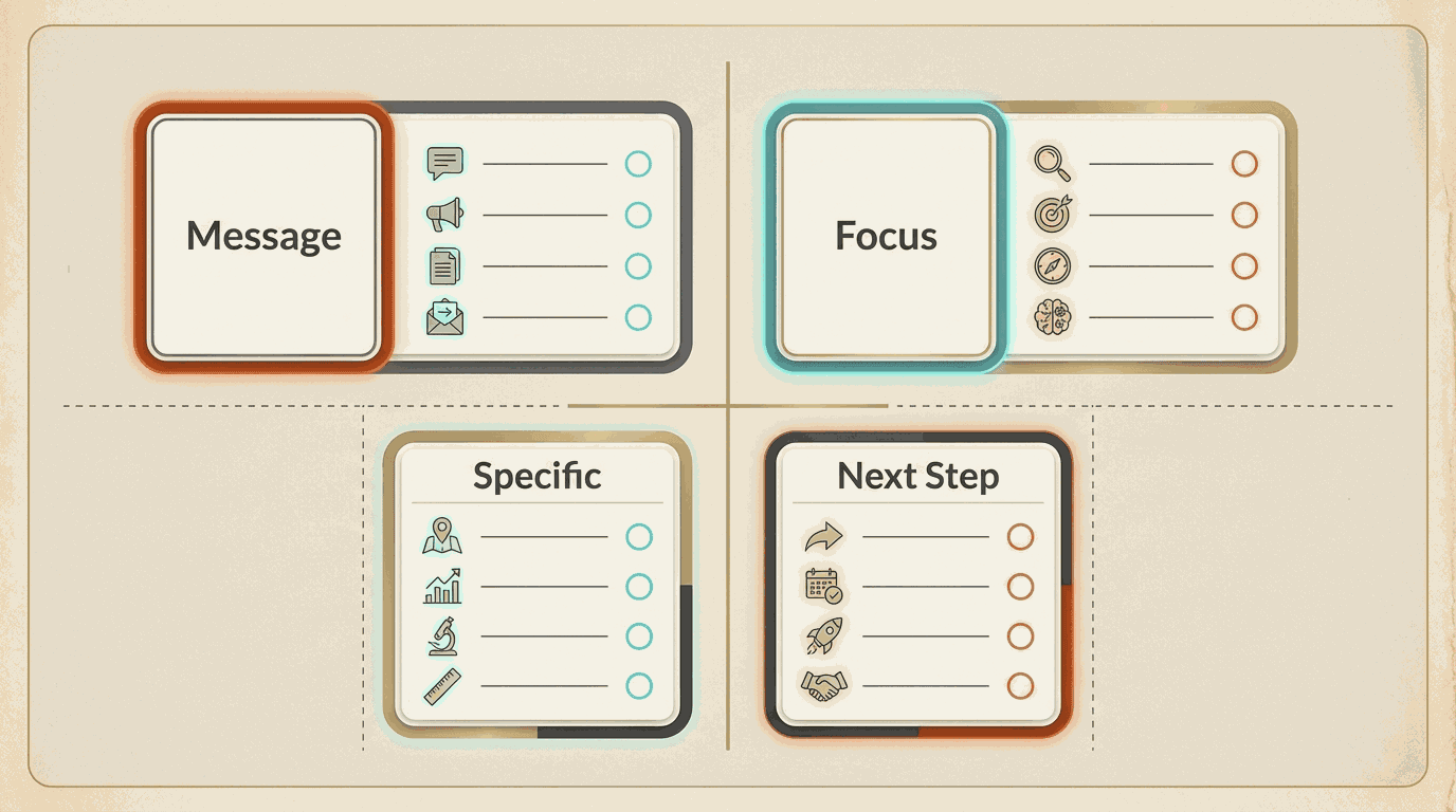 A designer-AI review checklist covering message, focus, specificity, and next step