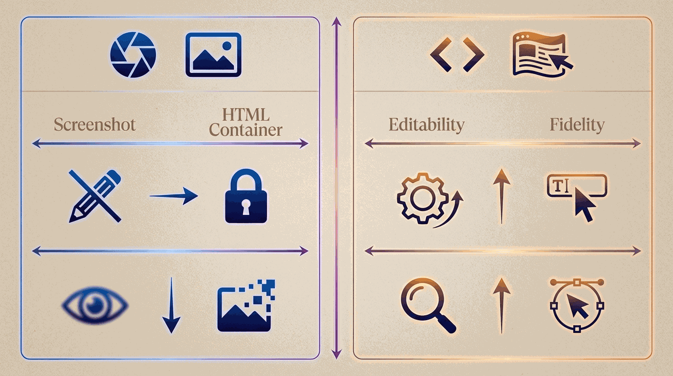 Screenshot-first versus HTML container output across fidelity and editability