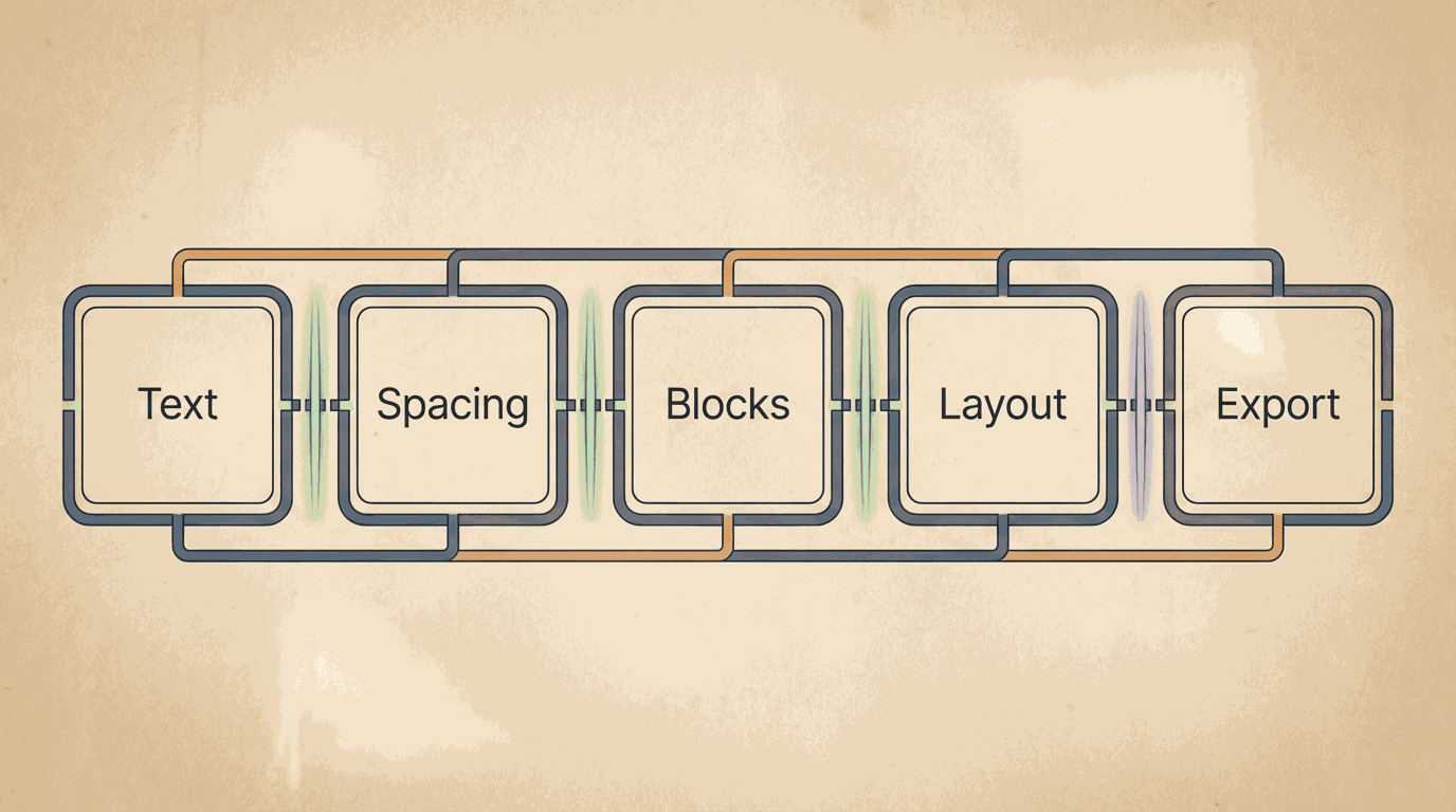 Structured output foundations across text, spacing, blocks, layout, and export