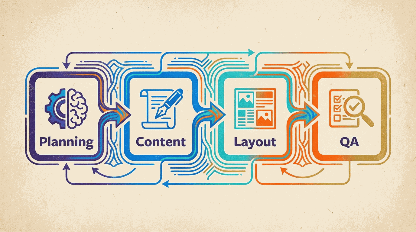 A four-layer multi-agent content framework spanning planning, content, layout, and QA