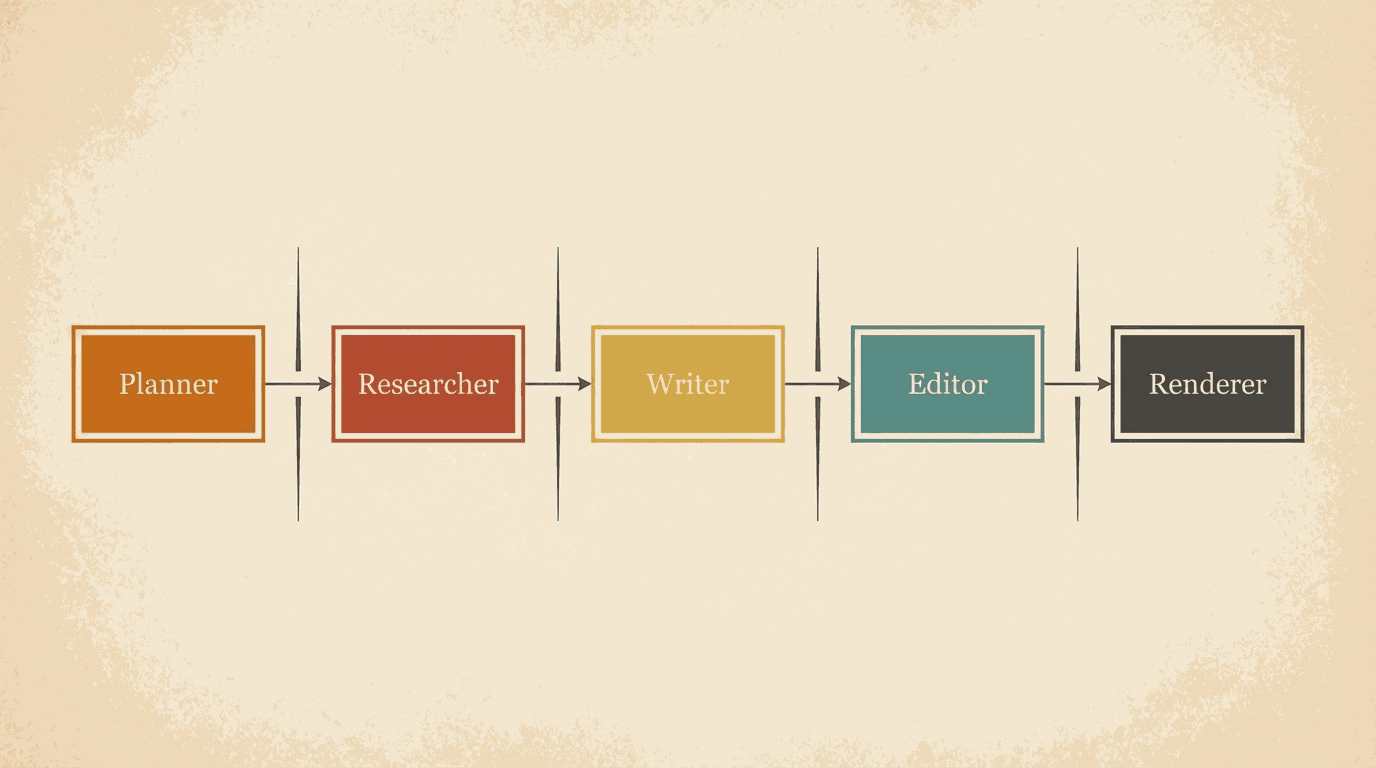 Specialized multi-agent roles: planner, researcher, writer, editor, and renderer