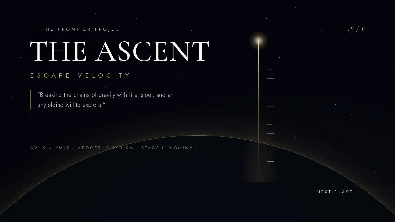 Cinematic slide The Ascent: a gold light trail rising from a planet limb into a star field