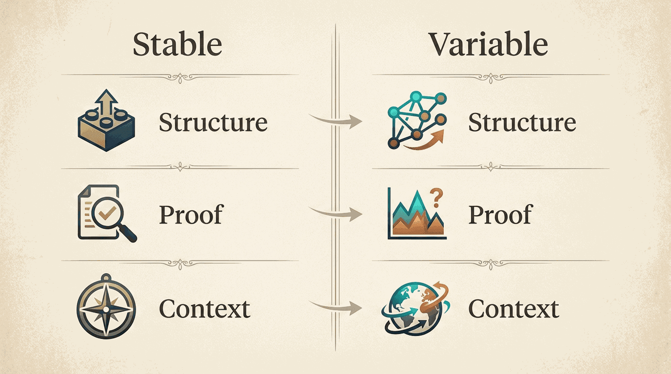 Stable proposal structure versus variable deal-specific proof and context