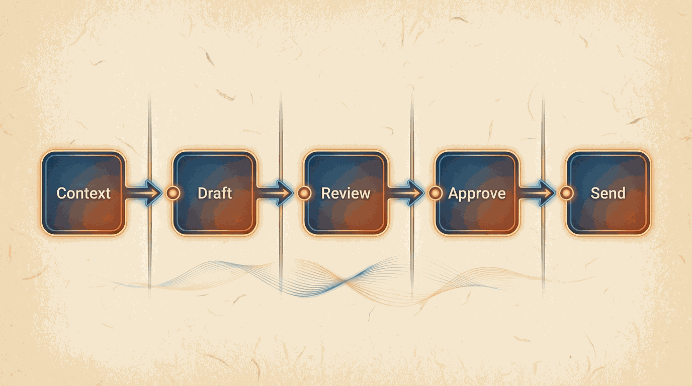 A reviewable proposal workflow from context to draft, review, approval, and send